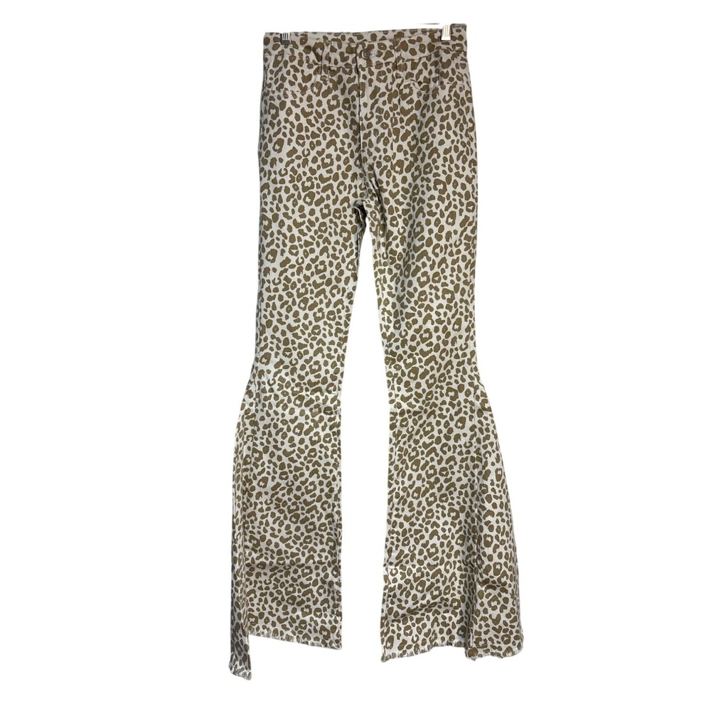 Wisteria Lane Leopard Print Bell Bottom Flare Jeans High Rise Tan White SIP6122C